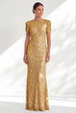 Sparkly Mermaid Golden Round Neck Sequins Long Mother Of the Bride Dress