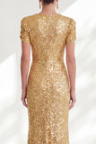 Sparkly Mermaid Golden Round Neck Sequins Long Mother Of the Bride Dress