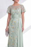 Green Mermaid Round Neck Floral Mother Of the Bride Dress with Sash