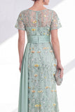 Green Mermaid Round Neck Floral Mother Of the Bride Dress with Sash