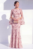 Blush Mermaid Round Neck Floral Long Mother Of the Bride Dress with Long Sleeves