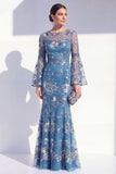 Blush Mermaid Round Neck Floral Long Mother Of the Bride Dress with Long Sleeves