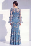 Blush Mermaid Round Neck Floral Long Mother Of the Bride Dress with Long Sleeves