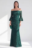 Dark Green Mermaid Off the Shoulder Beaded Long Mother Of the Bride Dress