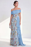 Off the Shoulder Green Sheath Floral Long Mother of the Bride Dress with Sash