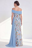 Off the Shoulder Green Sheath Floral Long Mother of the Bride Dress with Sash