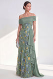 Off the Shoulder Green Sheath Floral Long Mother of the Bride Dress with Sash