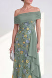 Off the Shoulder Green Sheath Floral Long Mother of the Bride Dress with Sash
