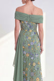 Off the Shoulder Green Sheath Floral Long Mother of the Bride Dress with Sash