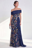 Off the Shoulder Green Sheath Floral Long Mother of the Bride Dress with Sash