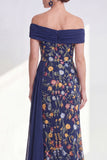 Off the Shoulder Green Sheath Floral Long Mother of the Bride Dress with Sash