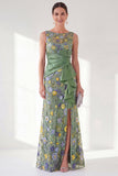 Navy Mermaid Bateau Neck Floral Long Mother of the Bride Dress with Slit