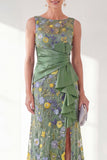 Navy Mermaid Bateau Neck Floral Long Mother of the Bride Dress with Slit