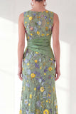 Navy Mermaid Bateau Neck Floral Long Mother of the Bride Dress with Slit