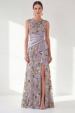 Navy Mermaid Bateau Neck Floral Long Mother of the Bride Dress with Slit