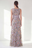 Navy Mermaid Bateau Neck Floral Long Mother of the Bride Dress with Slit