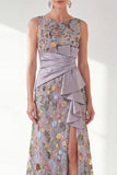Navy Mermaid Bateau Neck Floral Long Mother of the Bride Dress with Slit