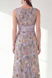 Navy Mermaid Bateau Neck Floral Long Mother of the Bride Dress with Slit