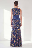 Navy Mermaid Bateau Neck Floral Long Mother of the Bride Dress with Slit