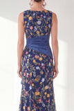Navy Mermaid Bateau Neck Floral Long Mother of the Bride Dress with Slit