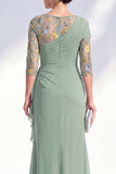 Green Mermaid Bateau Neck Chiffon Floral Long Mother of the Bride Dress