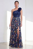Sparkly A-Line Navy One Shoulder Sequins Floral Long Mother Of the Bride Dress with Slit