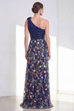 Sparkly A-Line Navy One Shoulder Sequins Floral Long Mother Of the Bride Dress with Slit