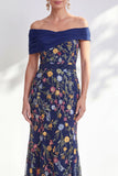 Green A-Line Off the Shoulder Floral Long Mother of the Bride Dress