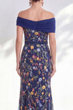 Green A-Line Off the Shoulder Floral Long Mother of the Bride Dress
