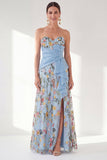 Blue A-Line Sweetheart Floral Long Mother Of the Bride Dress with Slit