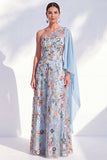 Blue A-Line One Shoulder Floral Long Mother Of the Bride Dress with Side Cape
