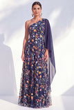 Blue A-Line One Shoulder Floral Long Mother Of the Bride Dress with Side Cape