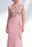 Mermaid Grey Purple One Shoulder Floral Long Mother of the Bride Dress