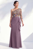 Mermaid Grey Purple One Shoulder Floral Long Mother of the Bride Dress