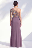 Mermaid Grey Purple One Shoulder Floral Long Mother of the Bride Dress