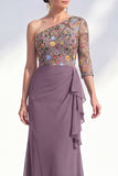 Mermaid Grey Purple One Shoulder Floral Long Mother of the Bride Dress