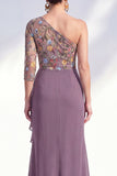 Mermaid Grey Purple One Shoulder Floral Long Mother of the Bride Dress