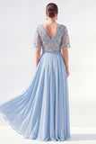 A-Line Green V-Neck Chiffon Floral Long Mother of the Bride Dress with Beading