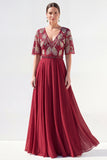 A-Line Green V-Neck Chiffon Floral Long Mother of the Bride Dress with Beading