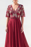 A-Line Green V-Neck Chiffon Floral Long Mother of the Bride Dress with Beading