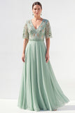 A-Line Green V-Neck Chiffon Floral Long Mother of the Bride Dress with Beading