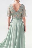 A-Line Green V-Neck Chiffon Floral Long Mother of the Bride Dress with Beading