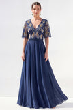 A-Line Green V-Neck Chiffon Floral Long Mother of the Bride Dress with Beading
