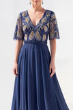 A-Line Green V-Neck Chiffon Floral Long Mother of the Bride Dress with Beading