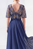 A-Line Green V-Neck Chiffon Floral Long Mother of the Bride Dress with Beading