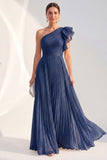 Navy A-Line One Shoulder Pleated Ruffled Glitter Long Mother of the Bride Dress