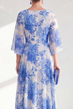Red A-Line Bateau Neck Chiffon Floral Long Mother Of the Bride Dress with 3/4 Sleeves