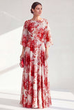Red A-Line Bateau Neck Chiffon Floral Long Mother Of the Bride Dress with 3/4 Sleeves