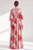 Red A-Line Bateau Neck Chiffon Floral Long Mother Of the Bride Dress with 3/4 Sleeves