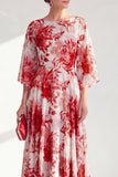 Red A-Line Bateau Neck Chiffon Floral Long Mother Of the Bride Dress with 3/4 Sleeves